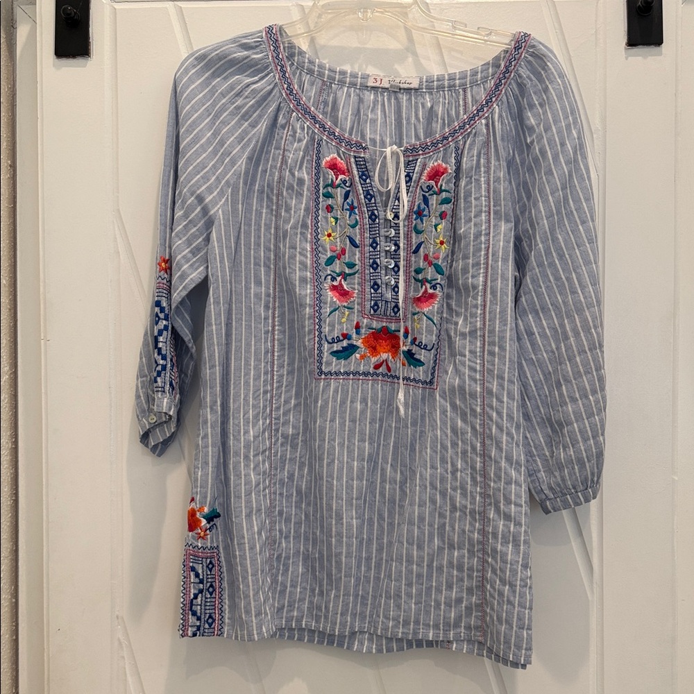 Johnny Was Striped Blue Blouse with Colorful Embroidery
